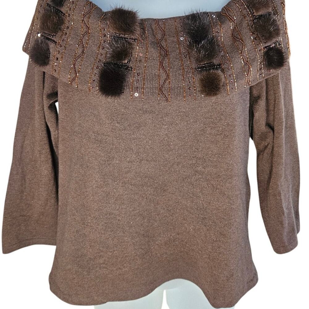 Escada Vintage Brown Faux Mink Knit Sweater Sz 8/10 Beaded Sequin Cowl Neck - Picture 3 of 6